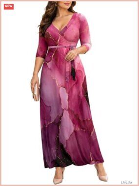 Plus Size Maxi Dress 3/4 Sleeve V-Neck A-Line Belted Casual Long Dress